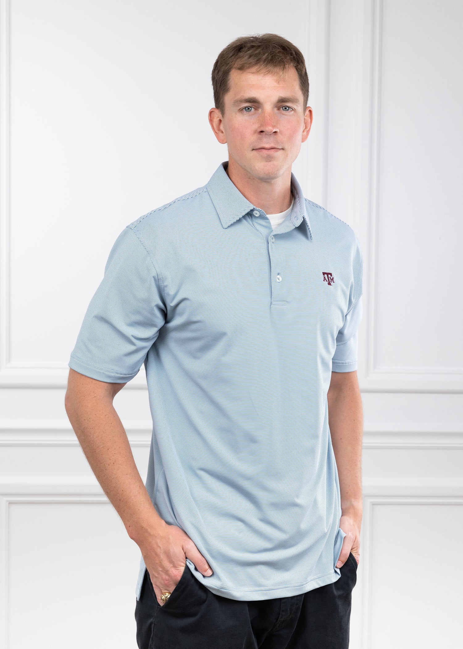 Texas A&M Gen Teal Pinstripe Performance Polo