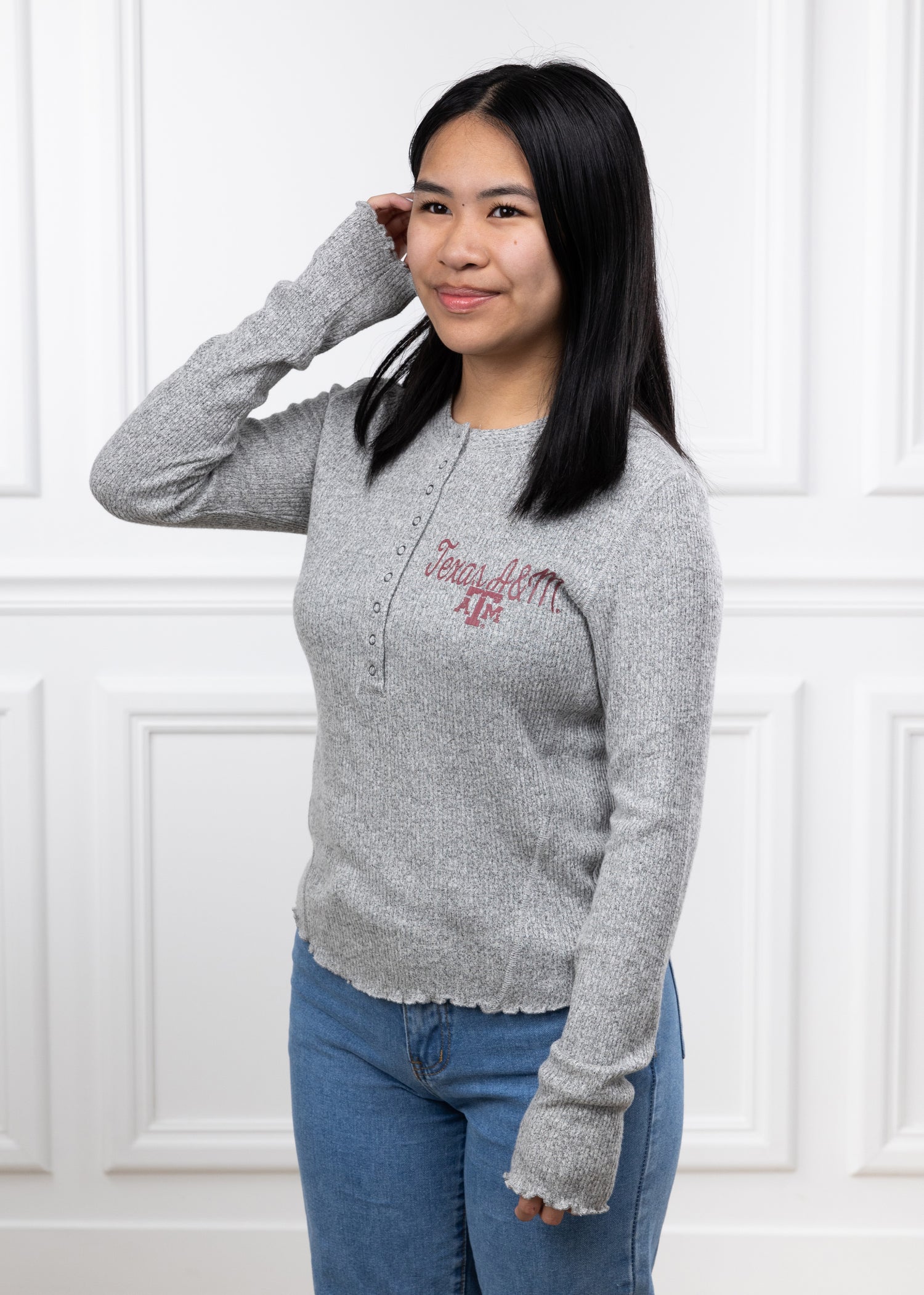 Texas A&M Gray Long Sleeve Button Top