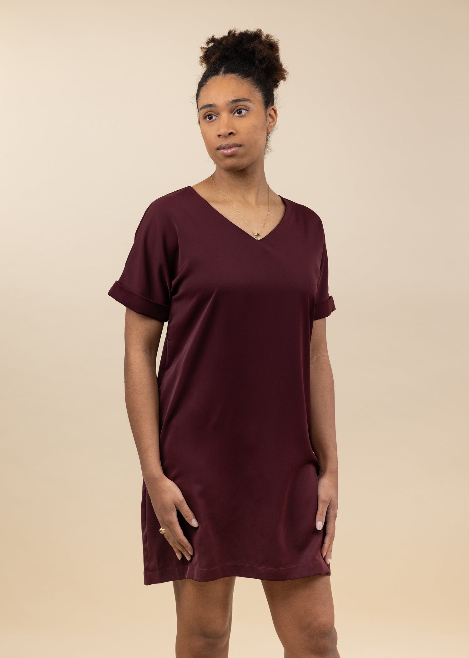 Maroon Rolled Sleeve V Neck Dress