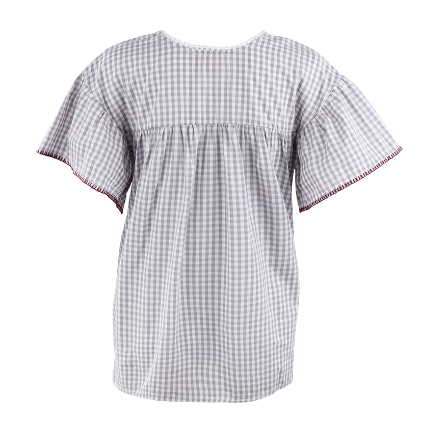 Gray Gingham Maroon & White Embroidered Top