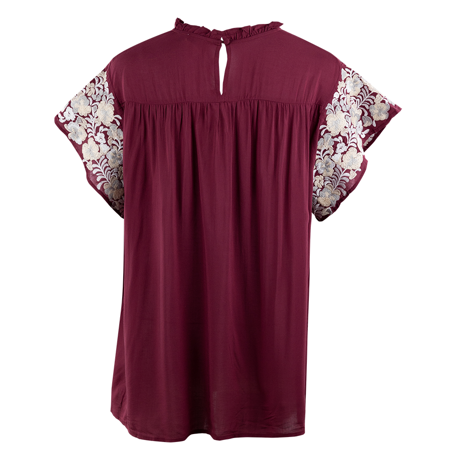 Maroon Embroidered Ruffle Neck Top