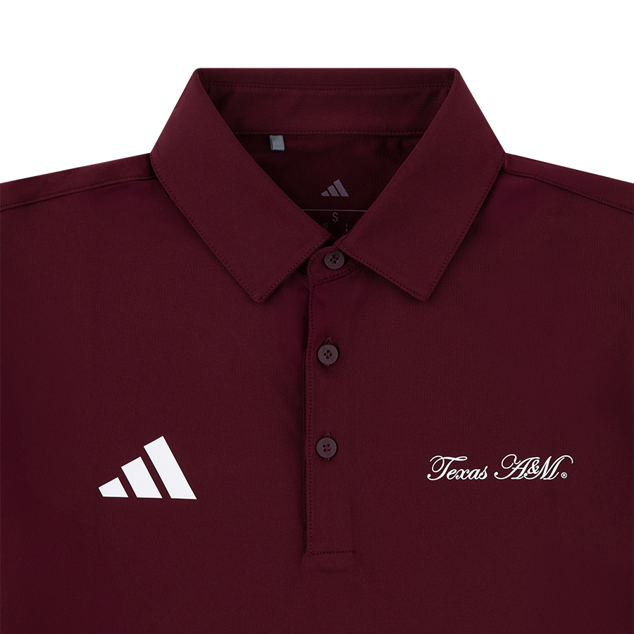 Texas A&M Adidas Cursive Solid Maroon Polo