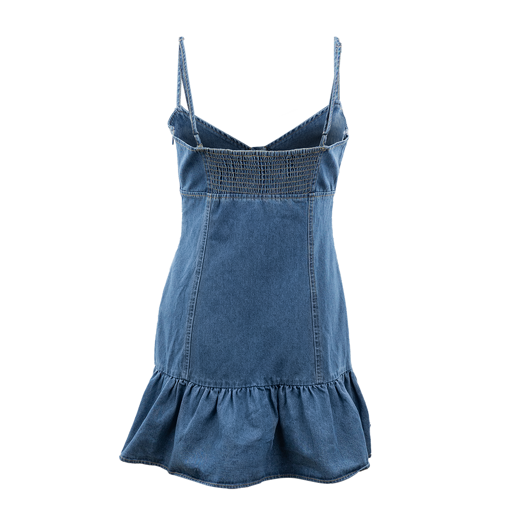 Denim Ruffle Bottom Spaghetti Strap Dress