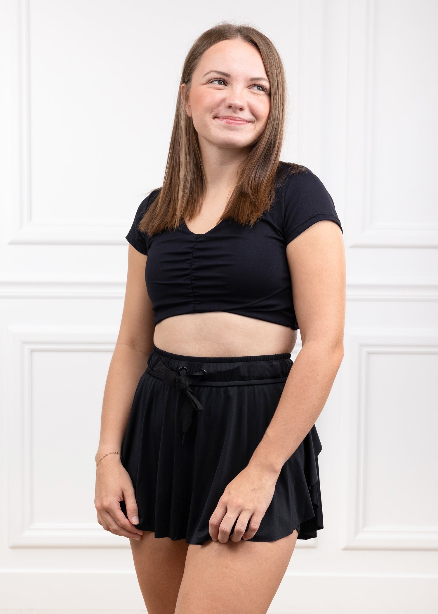 Black V Neck Ruched Crop Top