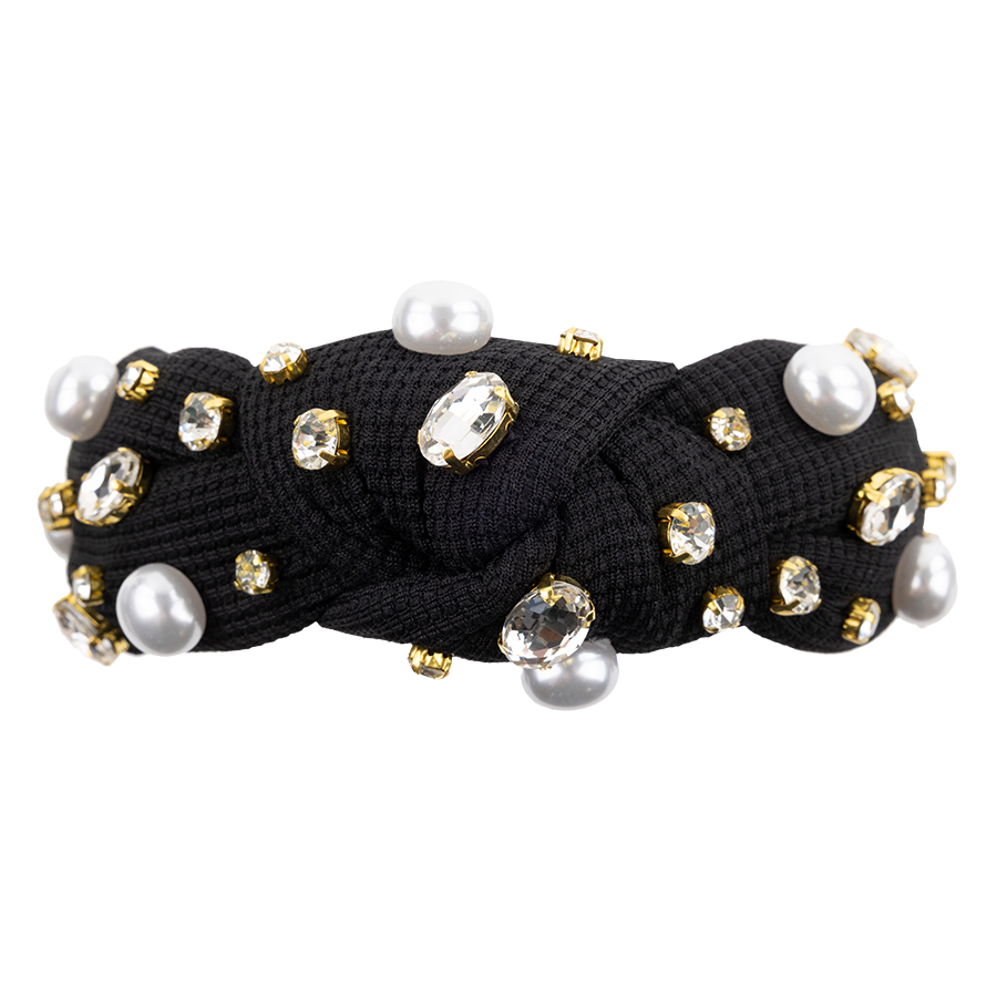 Black Twill Headband with Pearls and Crystals