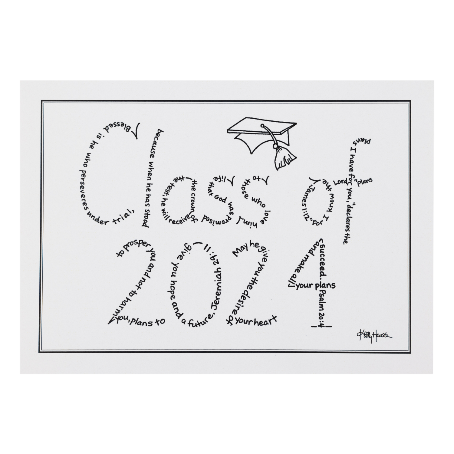 A graduation card with a solid white background. There is black lettering made up of words that spells 'Class of 2024'. 