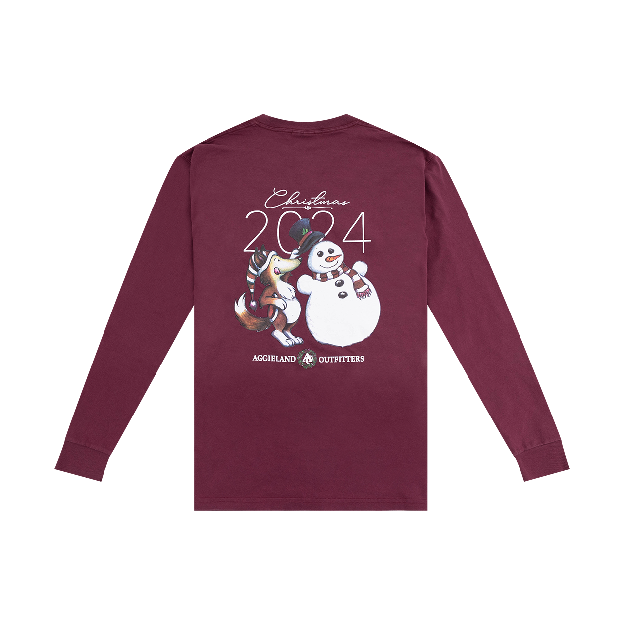 Maroon long sleeve t-shirt with "Christmas 2024" in white and Reveille with a snowman.