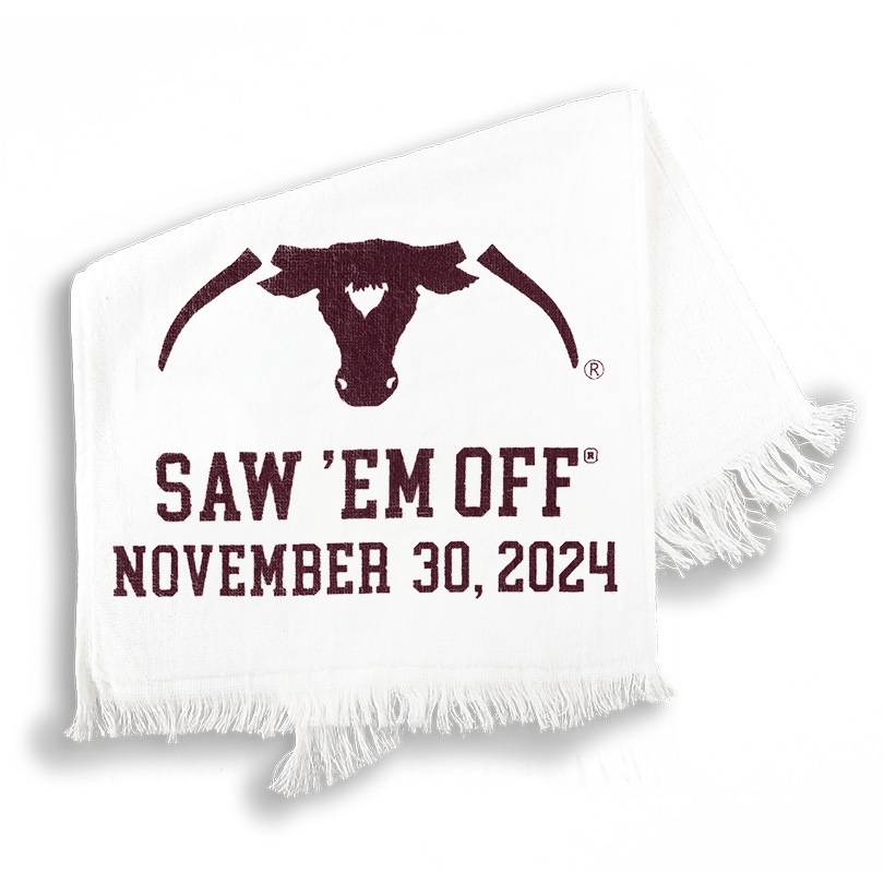 White towel with SEO logo and "SAW 'EM OFF NOVEMBER 30, 2024" print