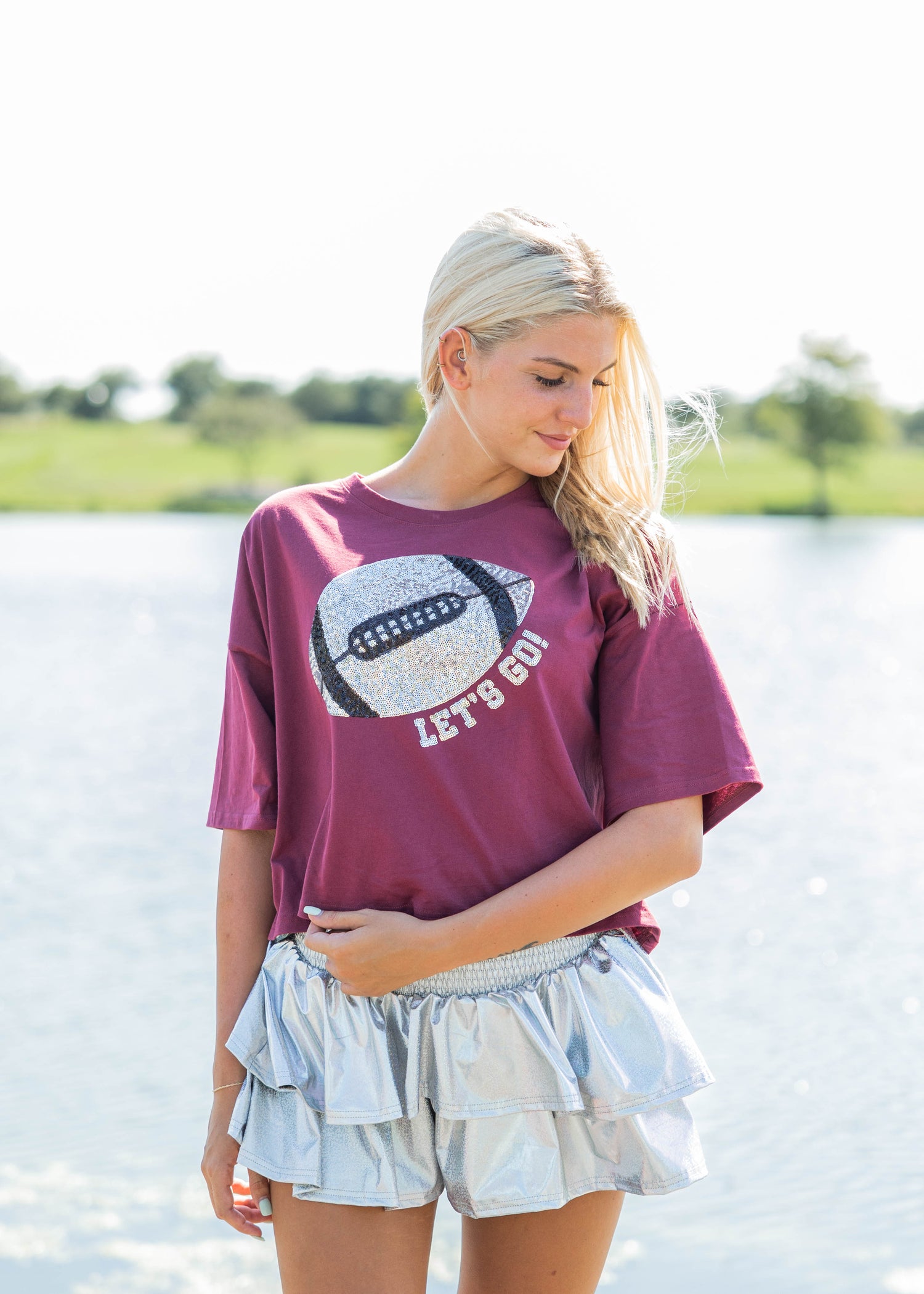 Let's Go! Football Sequin Cropped T-Shirt