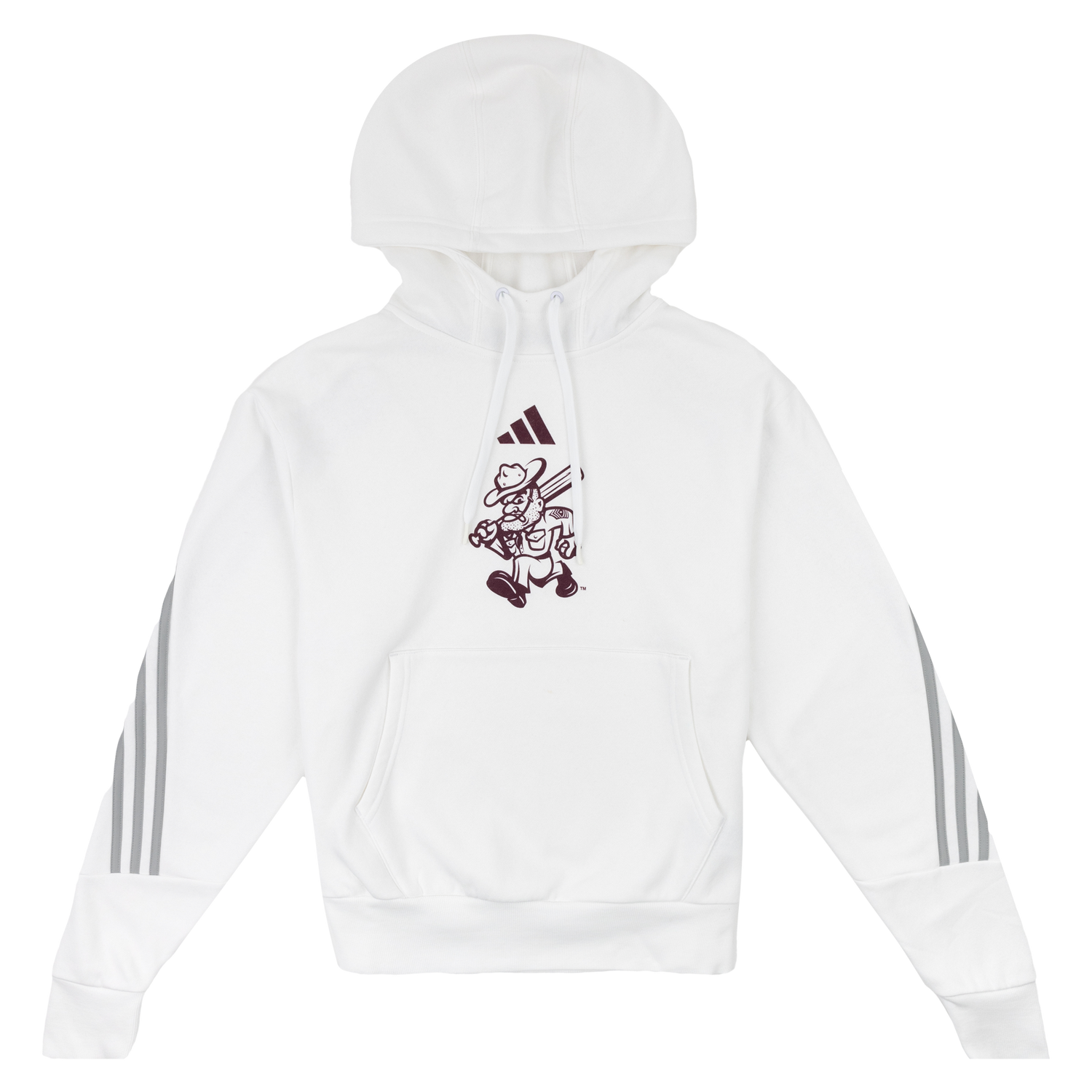 White Adidas Pullover Hoodie with maroon Ol' Sarge and grey stripes on sleeves