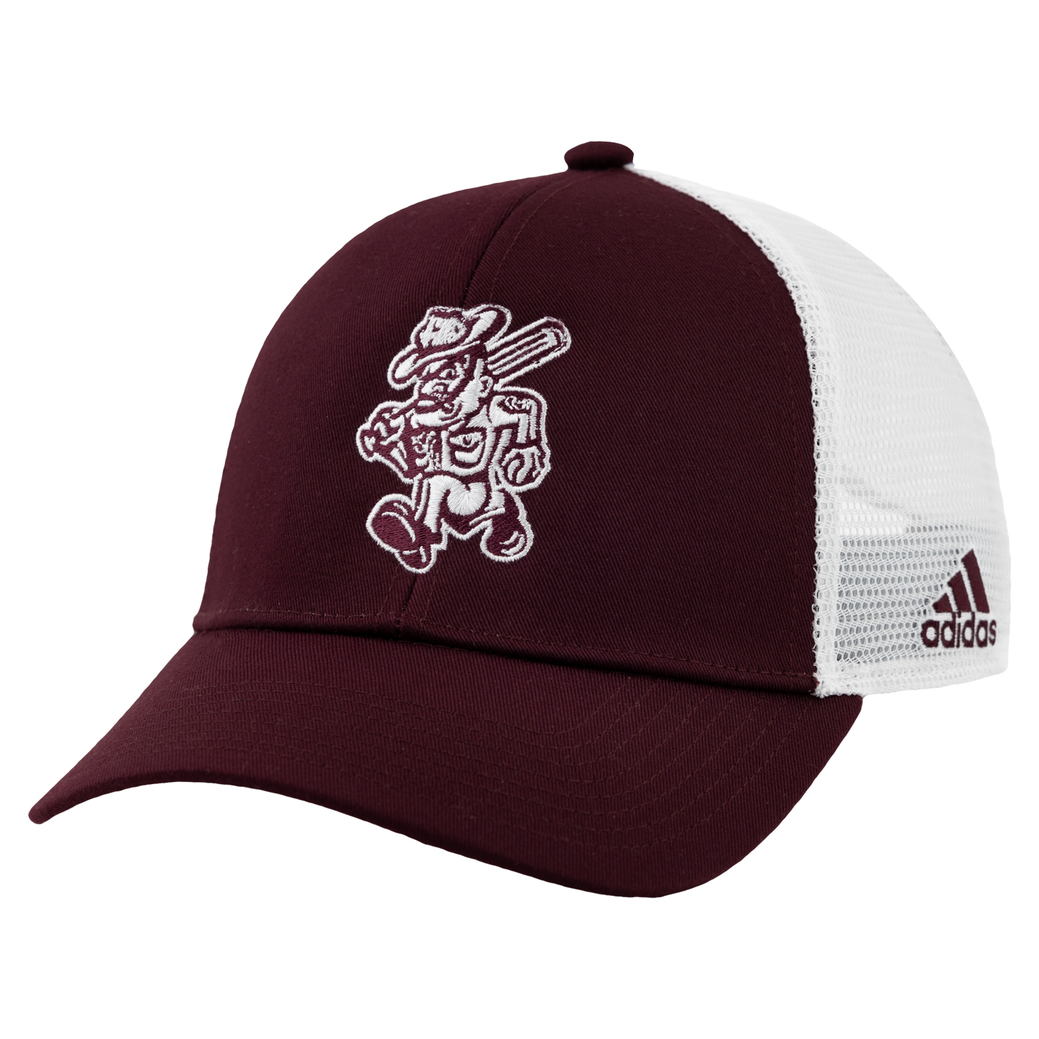 Maroon Adidas Trucker Hat with white mesh back and Ol' Sarge Design