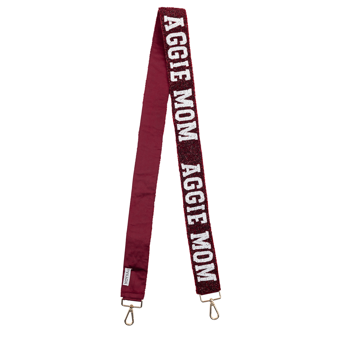 Maroon beaded purse strap with white beads spelling out "Aggie Mom"