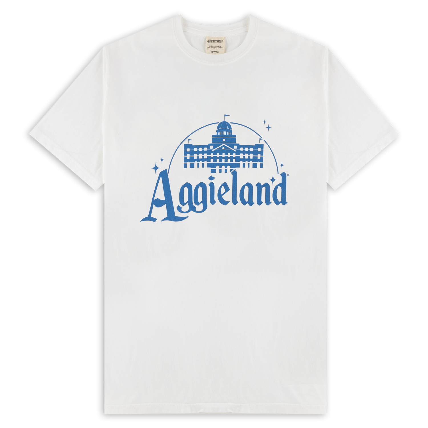 White T-Shirt with Blue Aggieland text and castle