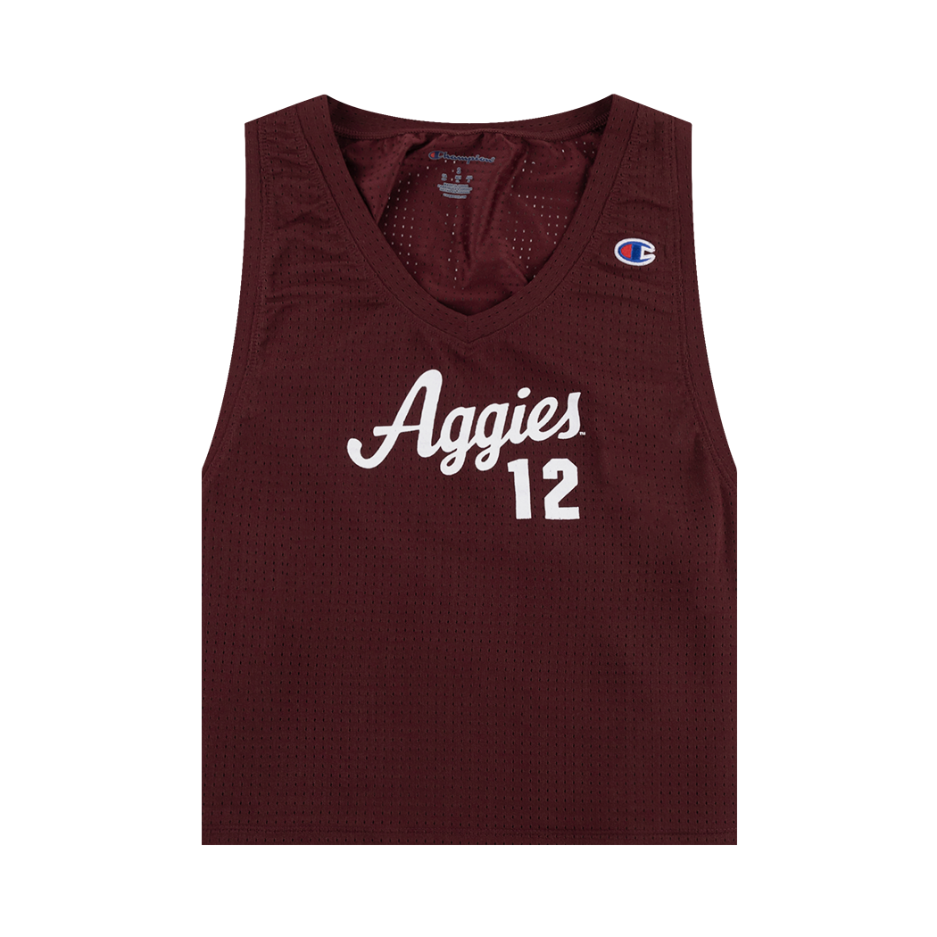 Maroon mesh V neck tank with "Aggies 12" in white.