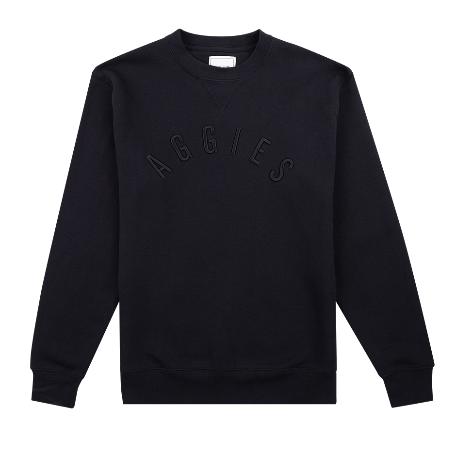 Black sweatshirt with raised black "AGGIES" curved lettering across chest