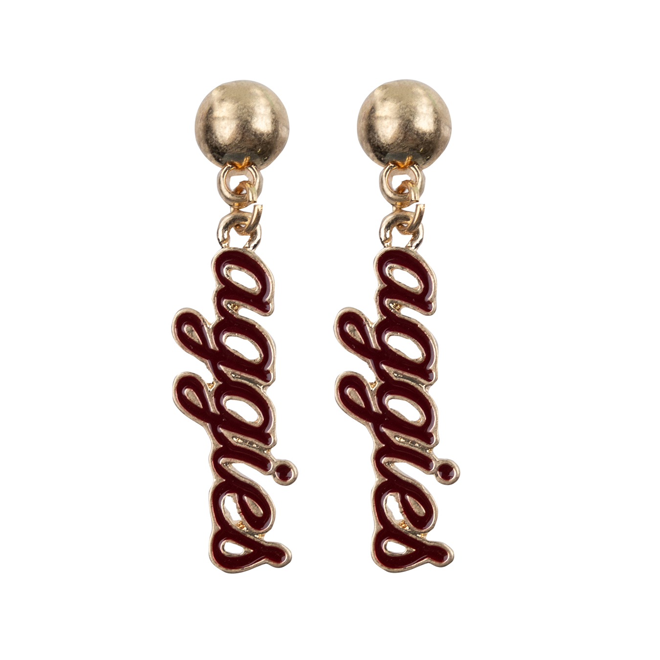 Gold dangle earrings. aggies is spelled in maroons script letters vertically and it is connected to a gold ball