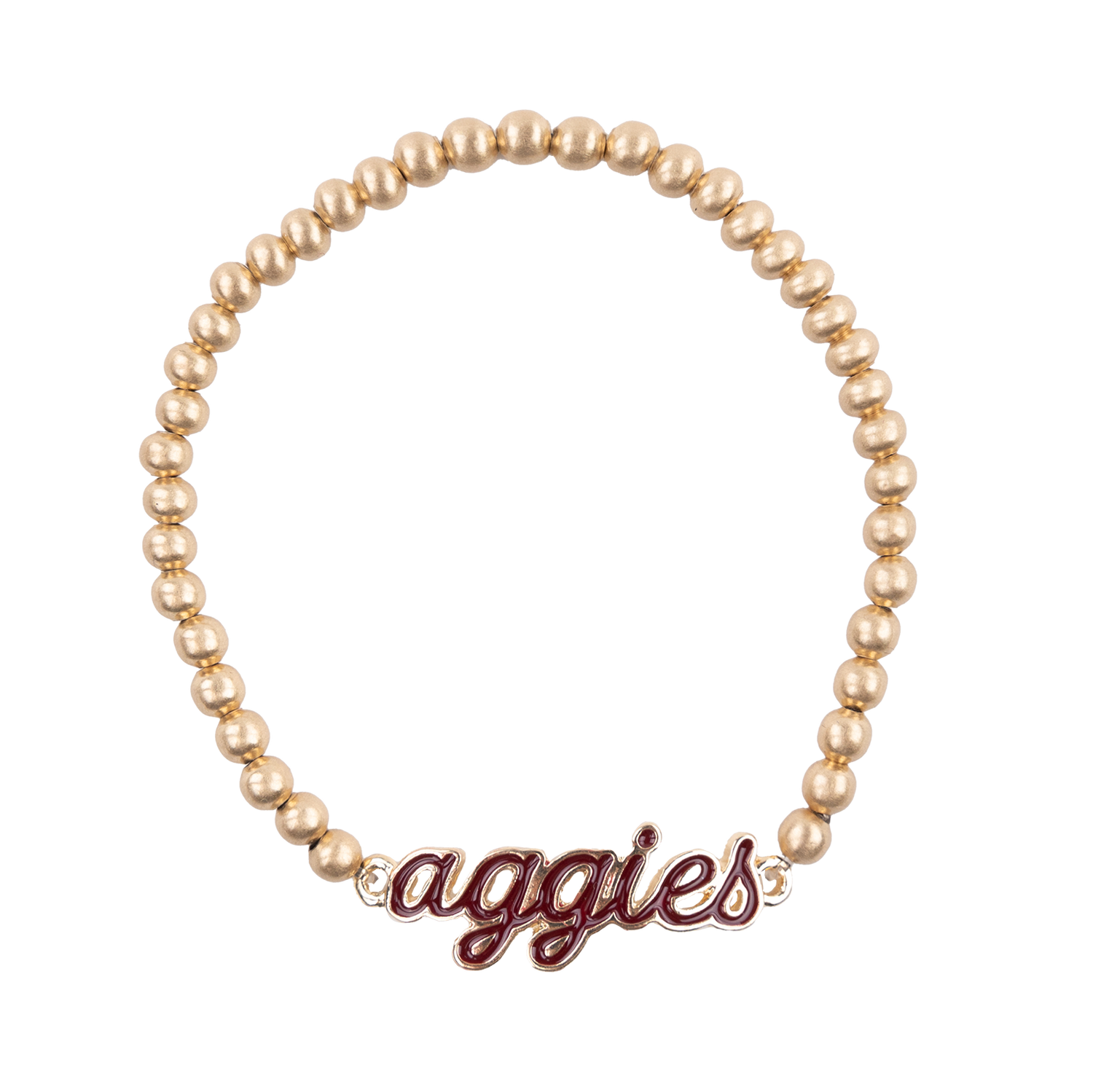 A gold bead stretch bracelet with aggies spelled in maroon script letters. The letters are outlined in gold