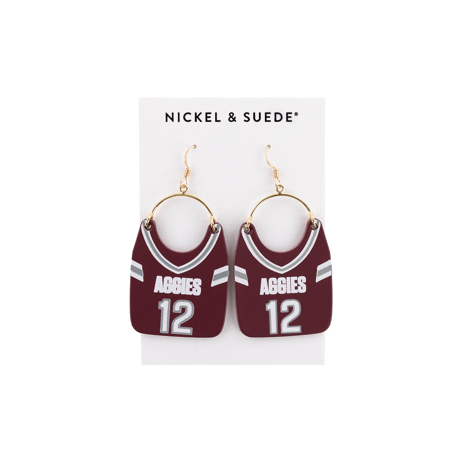 Maroon football jersey earrings with "AGGIES" in white.