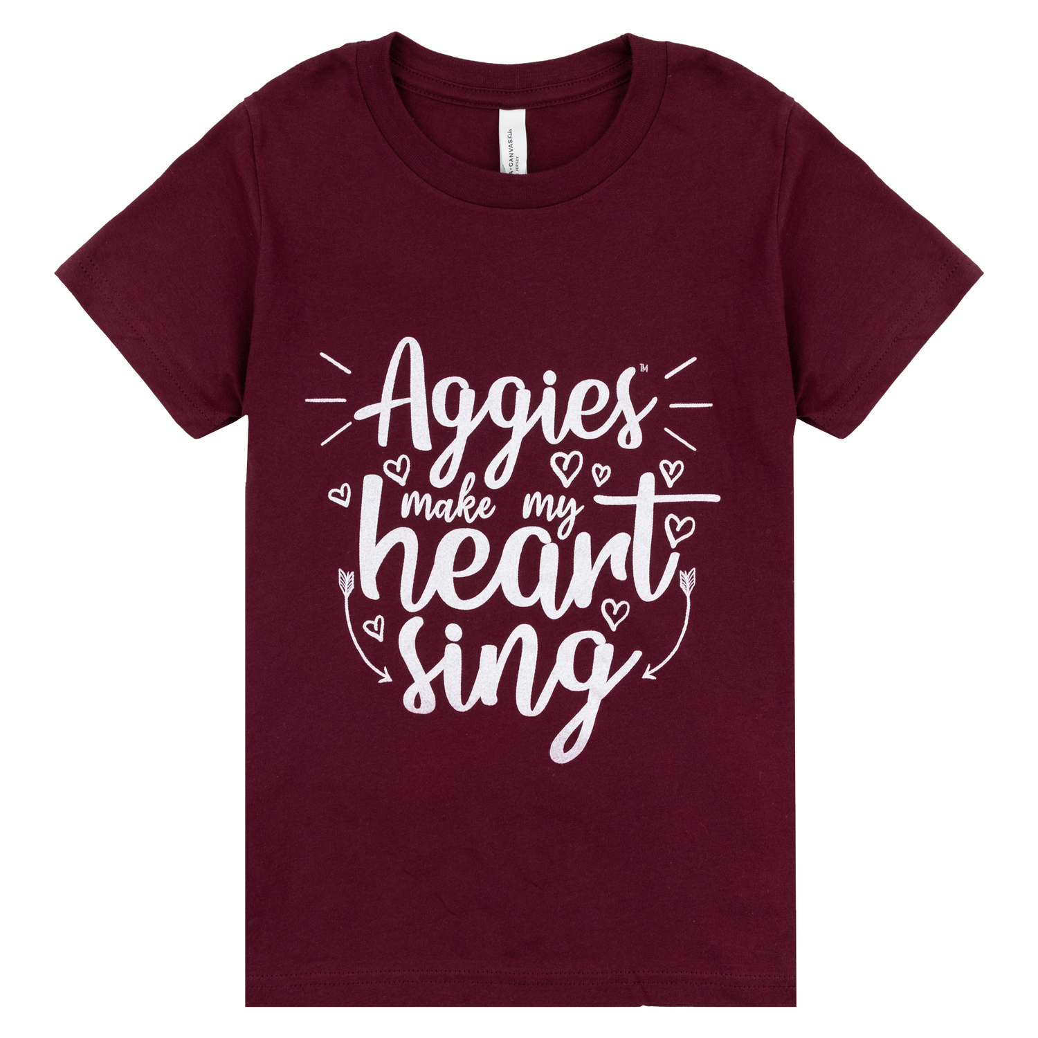 Maroon t-shirt with white "Aggies make my heart sing" text