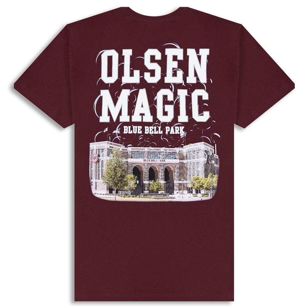 Maroon back of t-shirt with "OLSEN MAGIC" in white and an image of Blue Bell Park