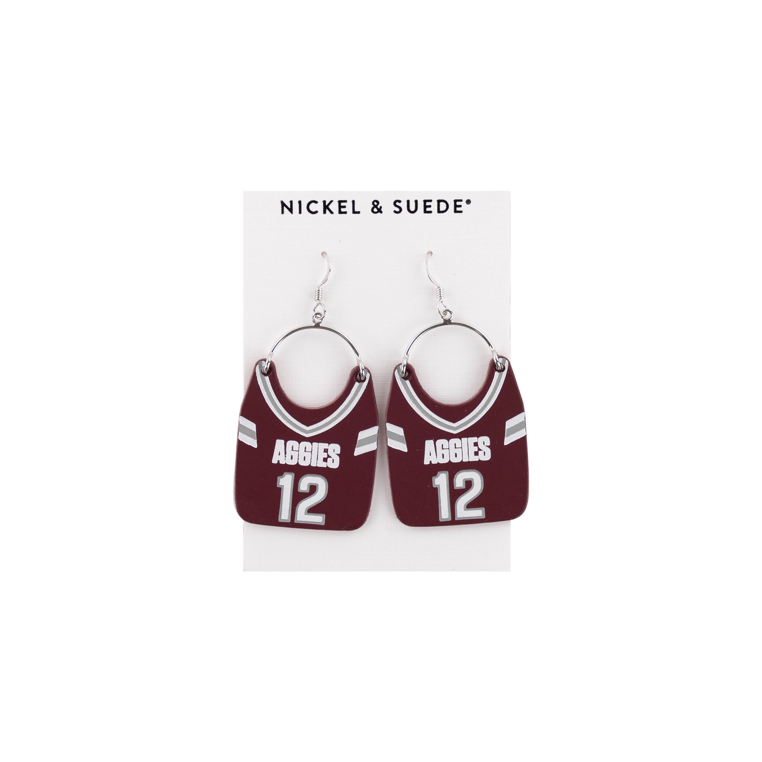 Maroon Aggies football jersey earrings with silver hoops.