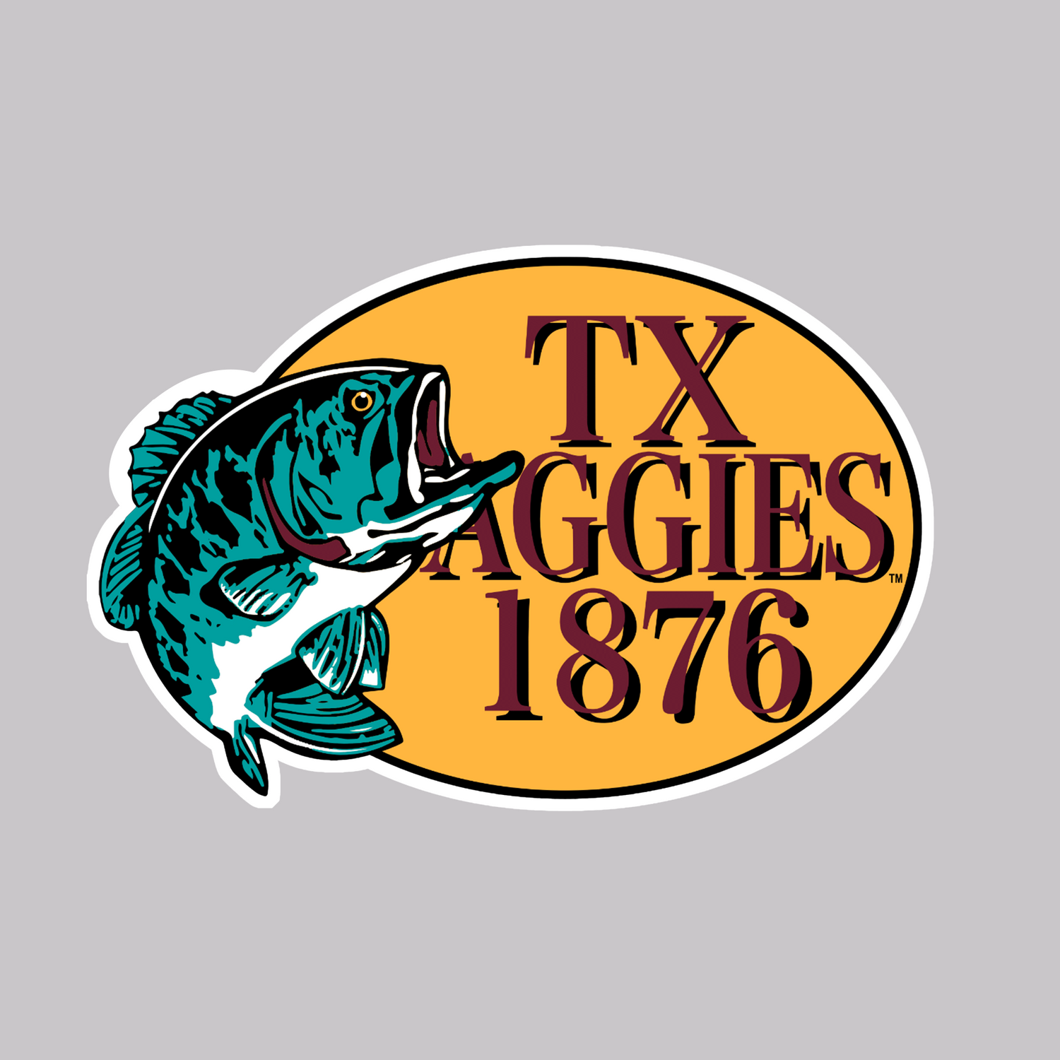 A bass pro sticker with 'TX AGGIES 1876' printed in maroon block letters 