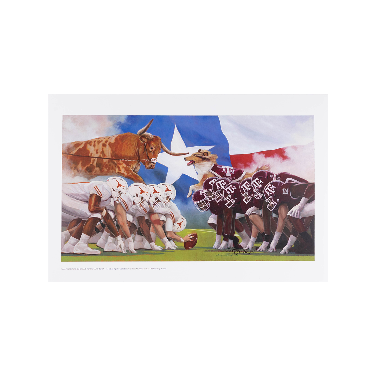 Artwork of the Texas A&M Aggies against the Texas Longhorns with their mascots.