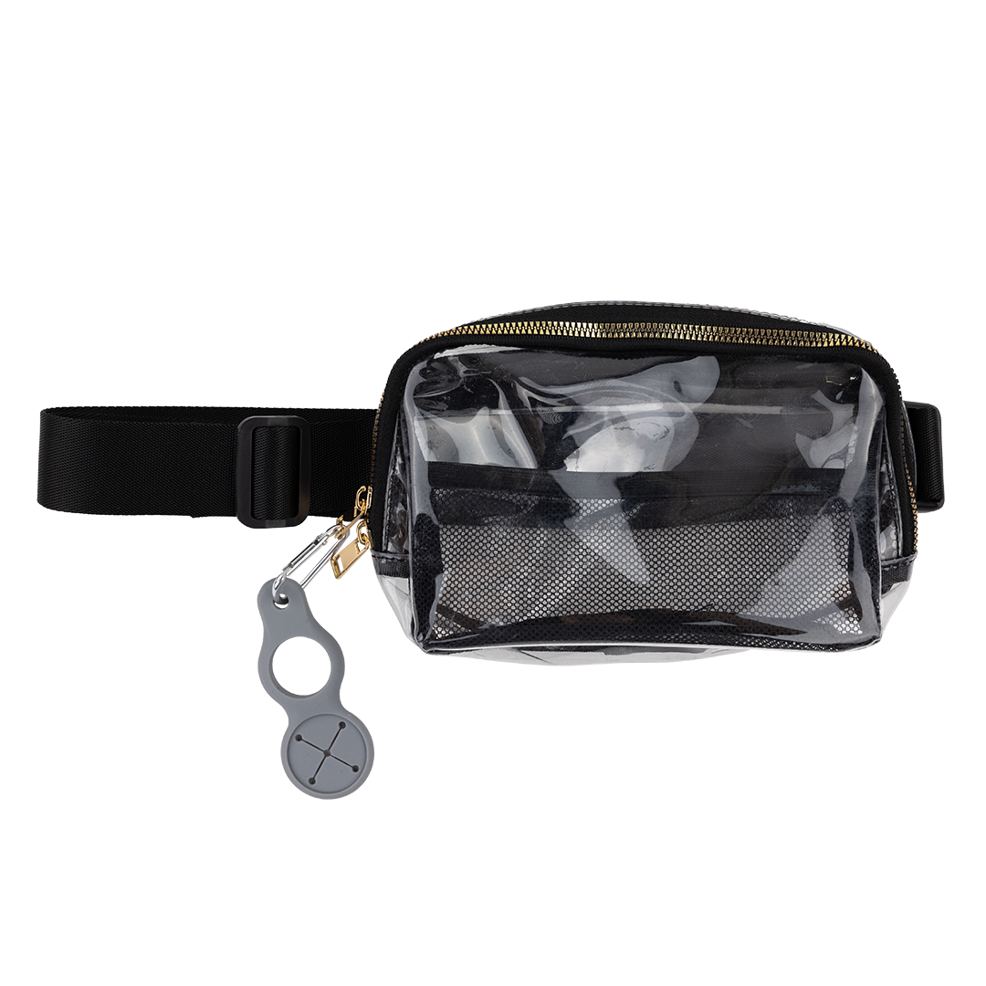 Black fanny pack with clear face and gold zipper.