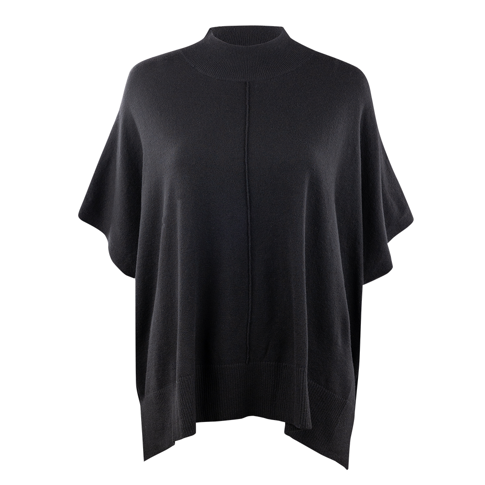 Black poncho with mock neck.