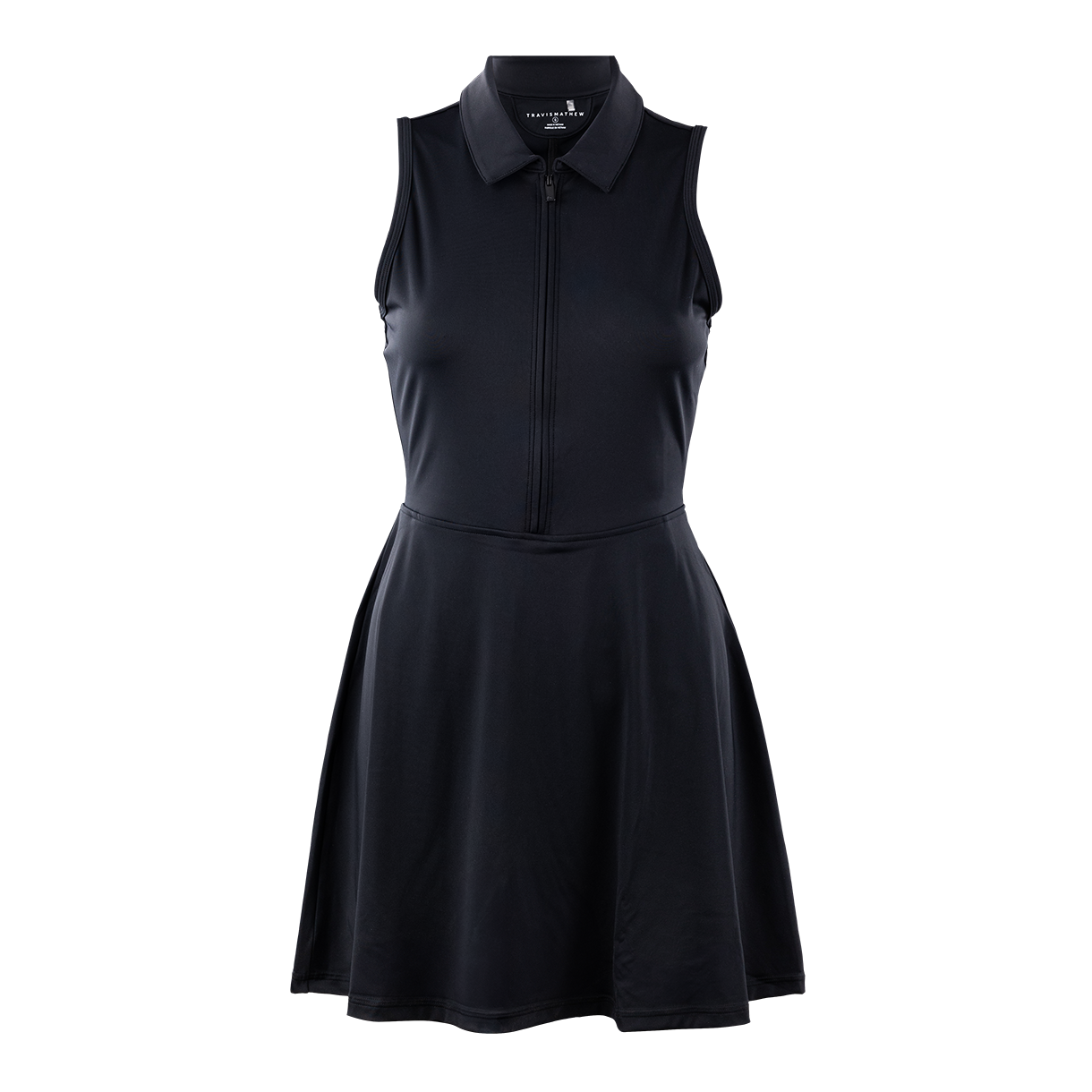 A black zip up collard dress with cut off sleeves. The skirt is flowy and the zipper hardware is also black