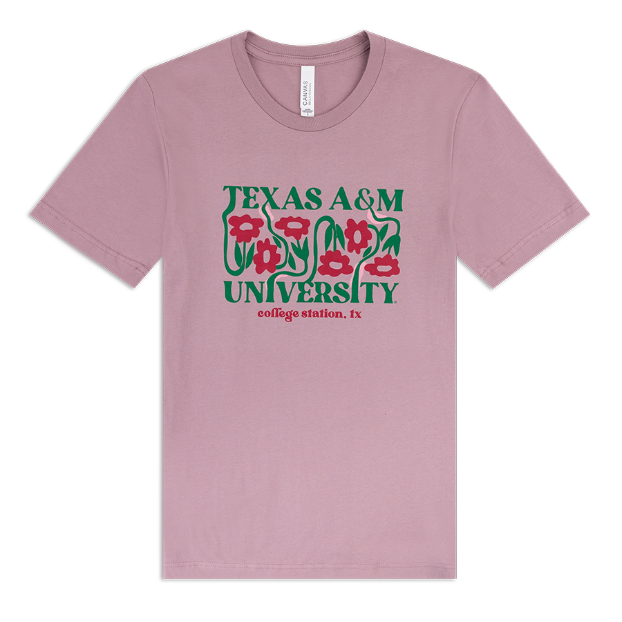 Pink t-shirt with green and red floral Texas A&M University text design