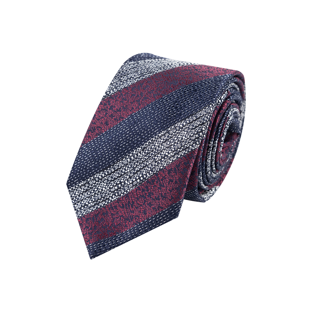 A blue, white, and red sideway striped tie. 