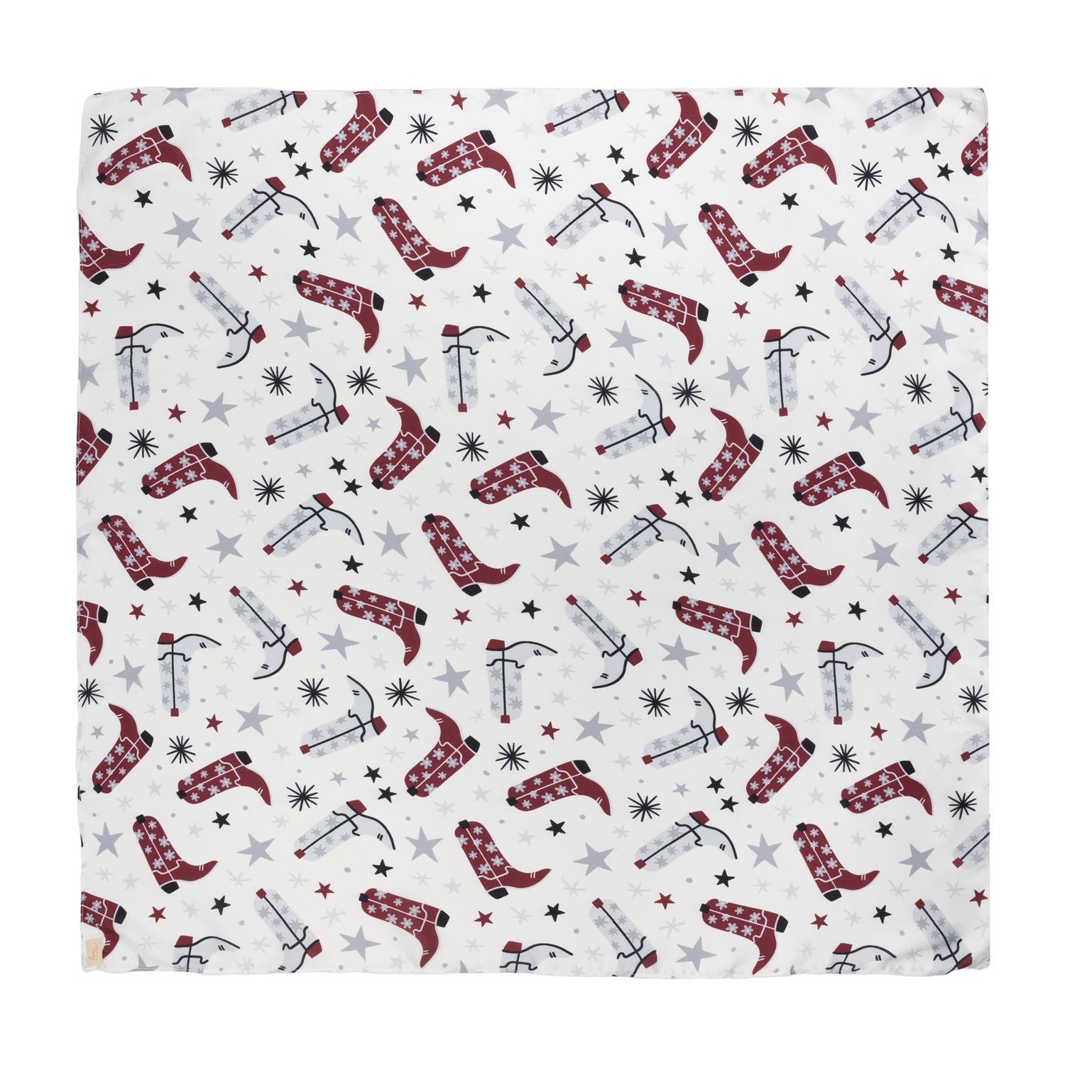 White scarf with maroon and grey boot decals