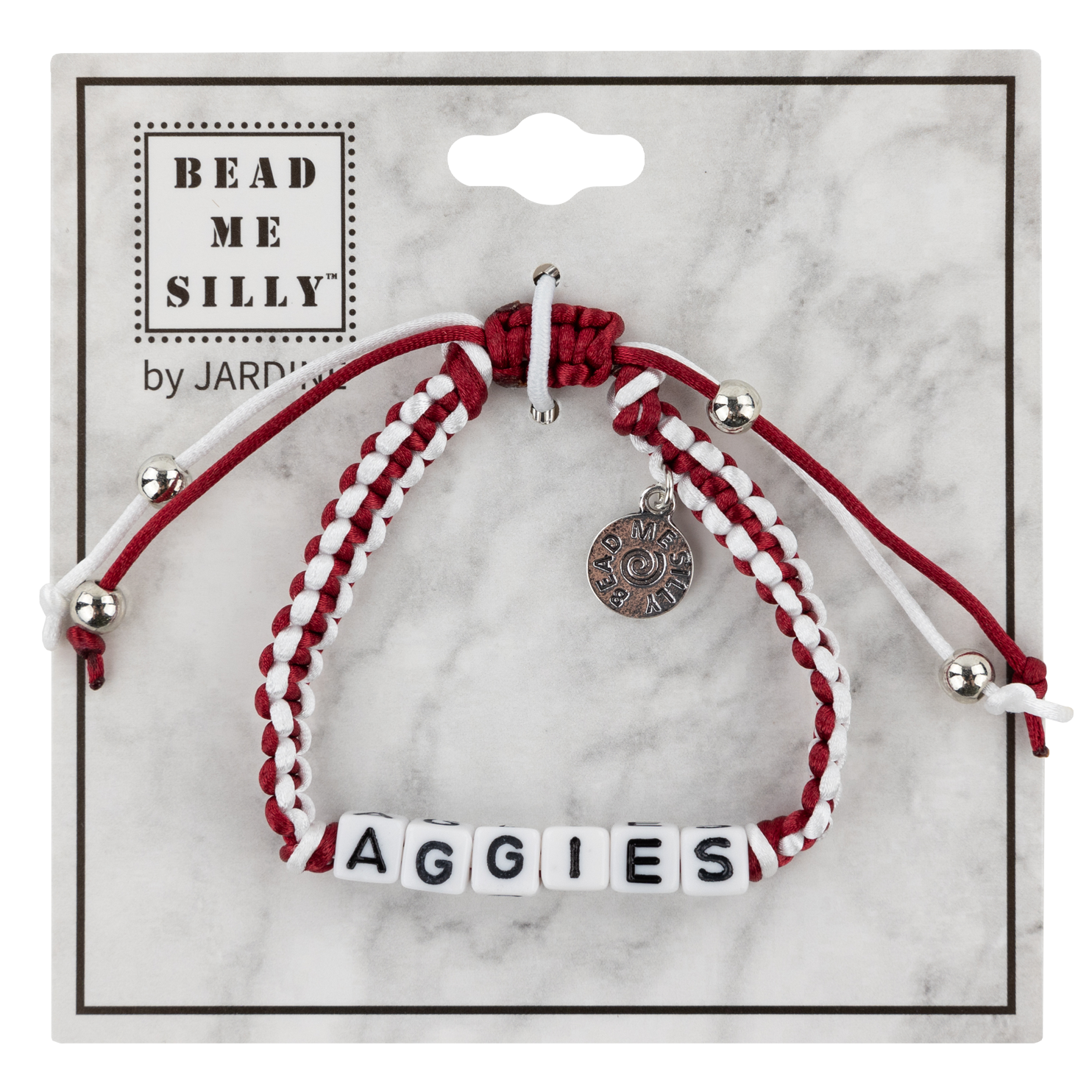 Maroon and White wrist band with AGGIES block letter beads