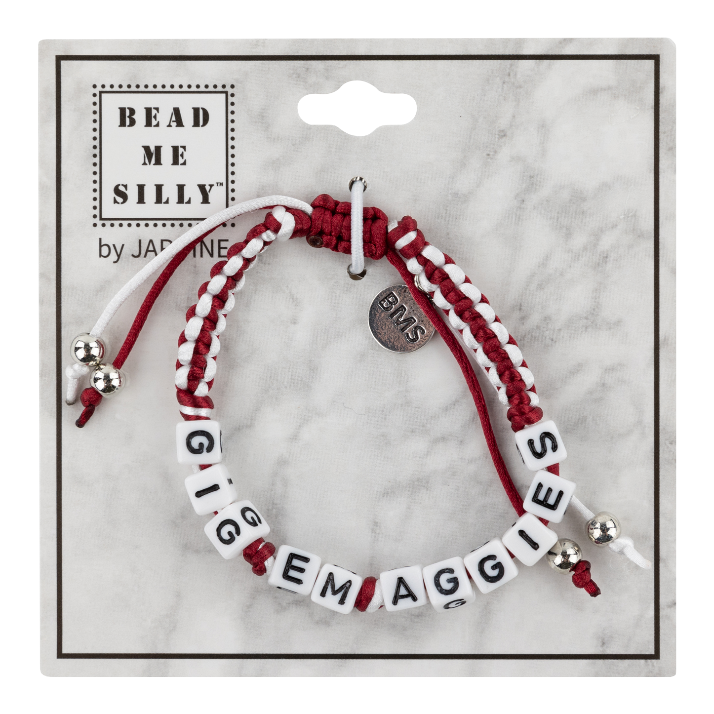 Maroon and White bracelet with GIG EM AGGIES letter beads