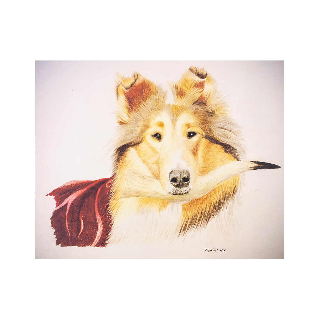 Canvas print with Reveille holding a Longhorn horn in her mouth.