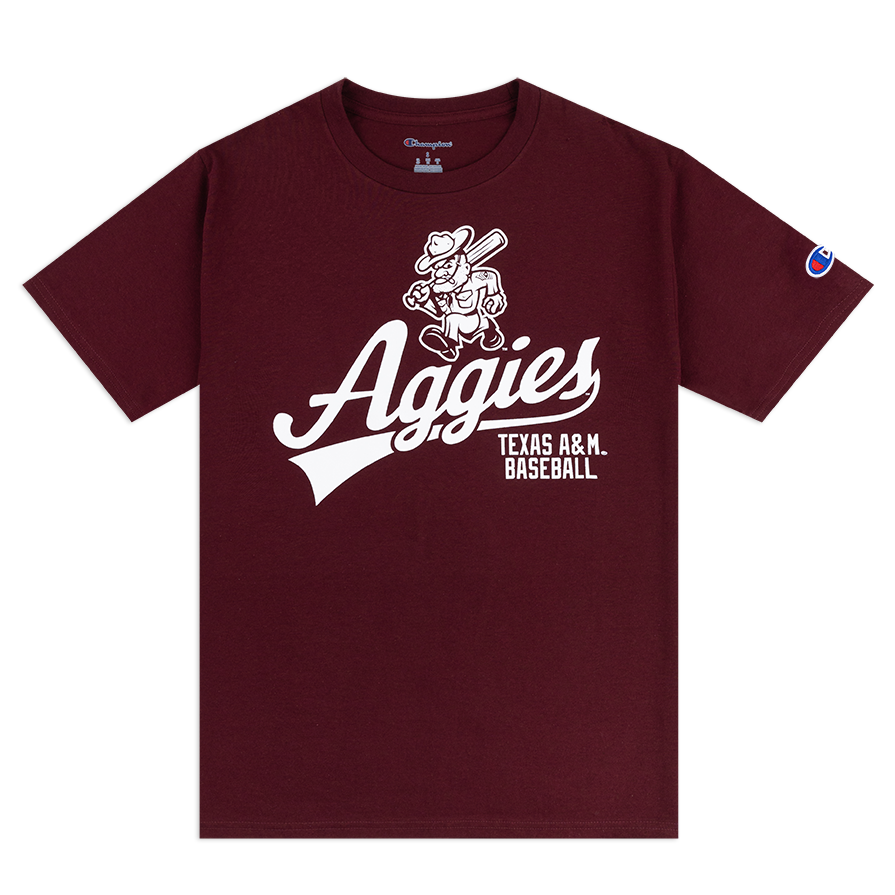 Maroon t-shirt with white Aggies script and Ol' Sarge logo 