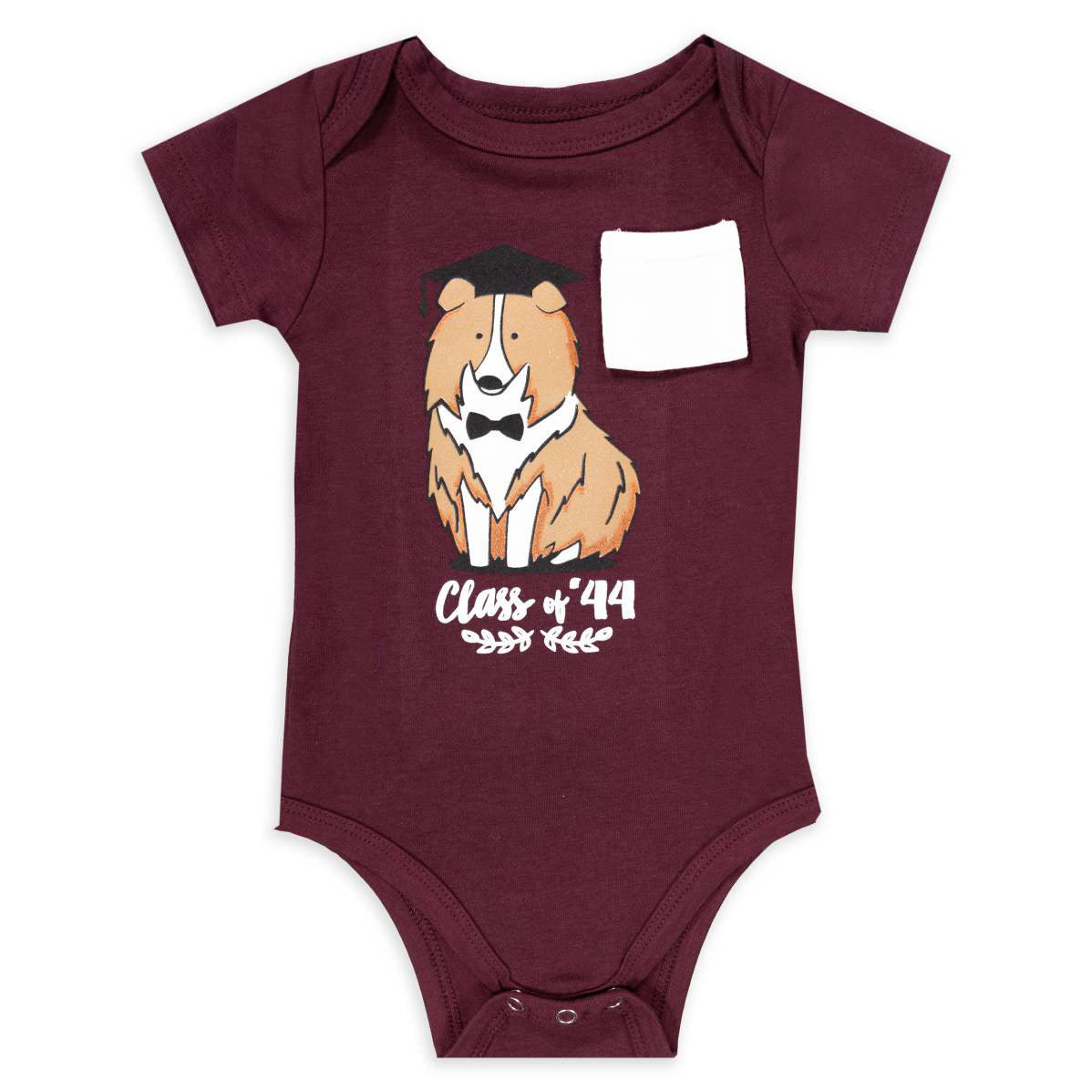 Maroon infant bodysuit with a graphic of Reveille and 'Class of '44' on the front. White bow on the back.