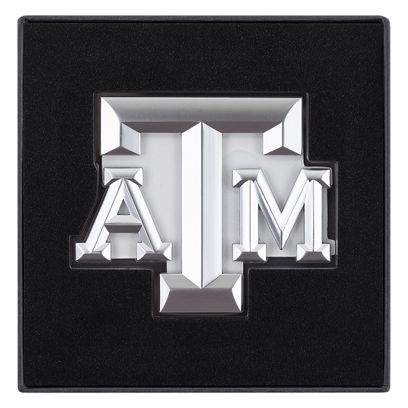 Silver ATM logo auto emblem with clear background