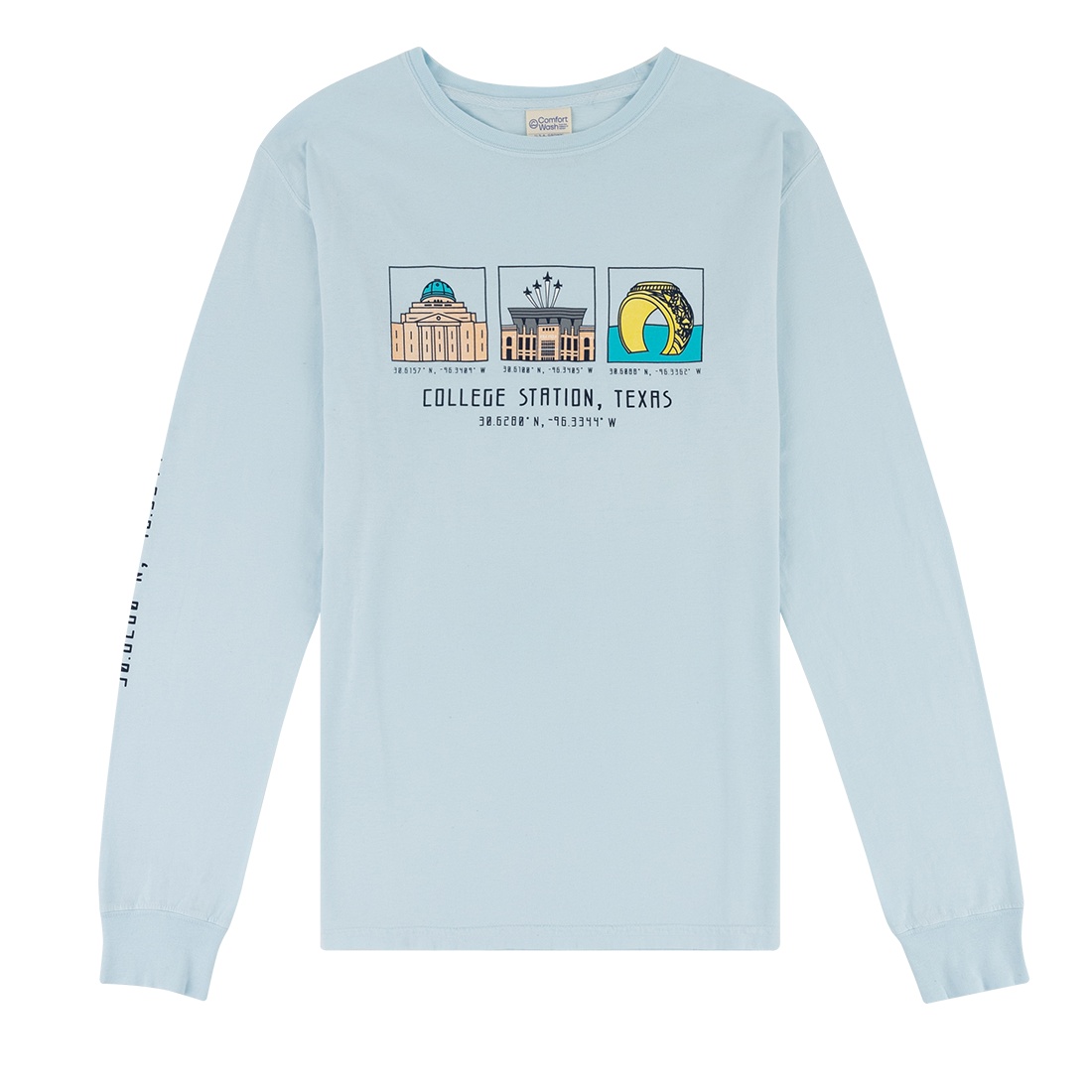 Blue long sleeve tee with College Station, TX coordinates