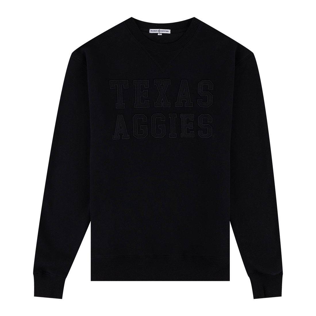 Black sweatshirt with "TEXAS AGGIES" in black patches