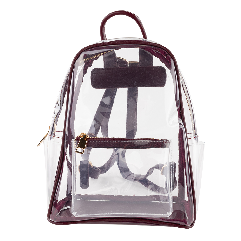 Clear backpack with maroon accents.