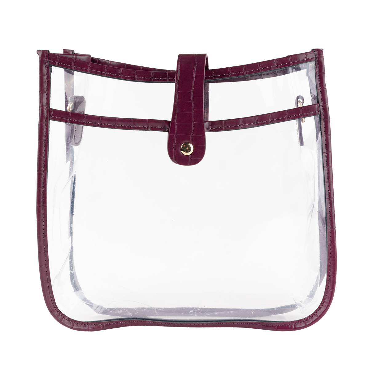 Clear crossbody bag with maroon accents and maroon strap.