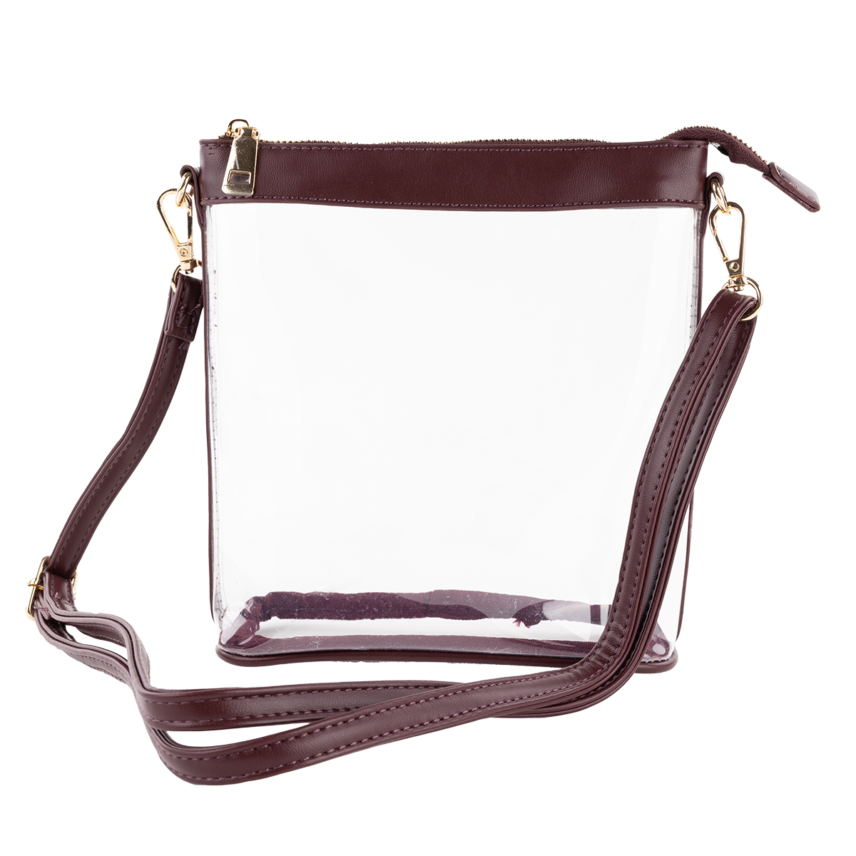 Clear square crossbody with maroon accents and maroon strap.