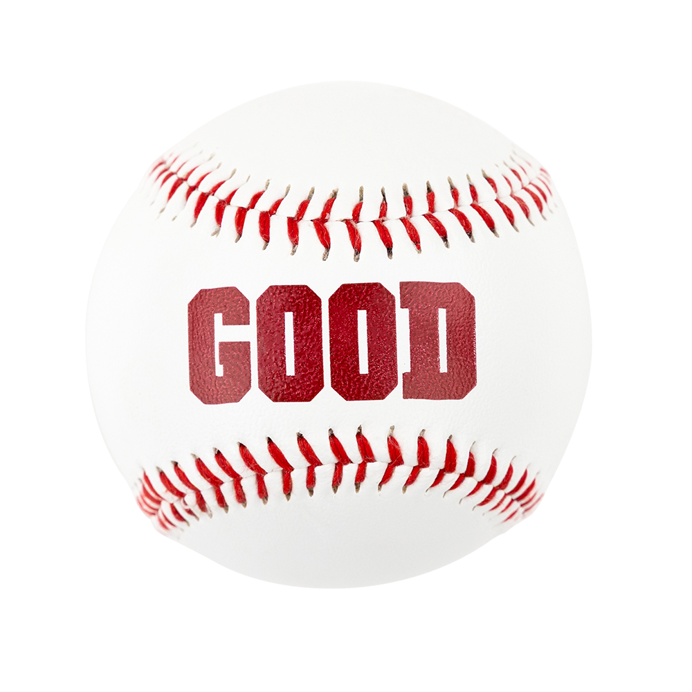 White baseball with "GOOD" in maroon