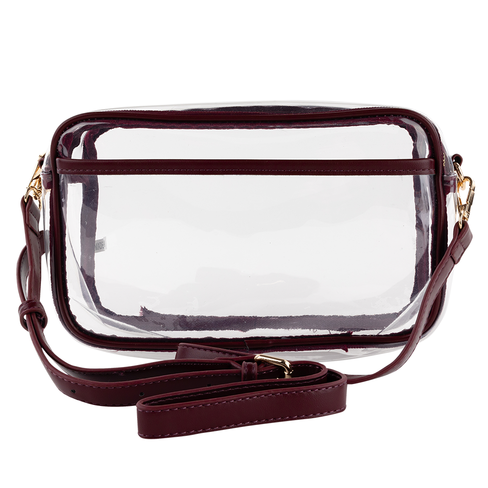 Clear purse with maroon accents with maroon strap.