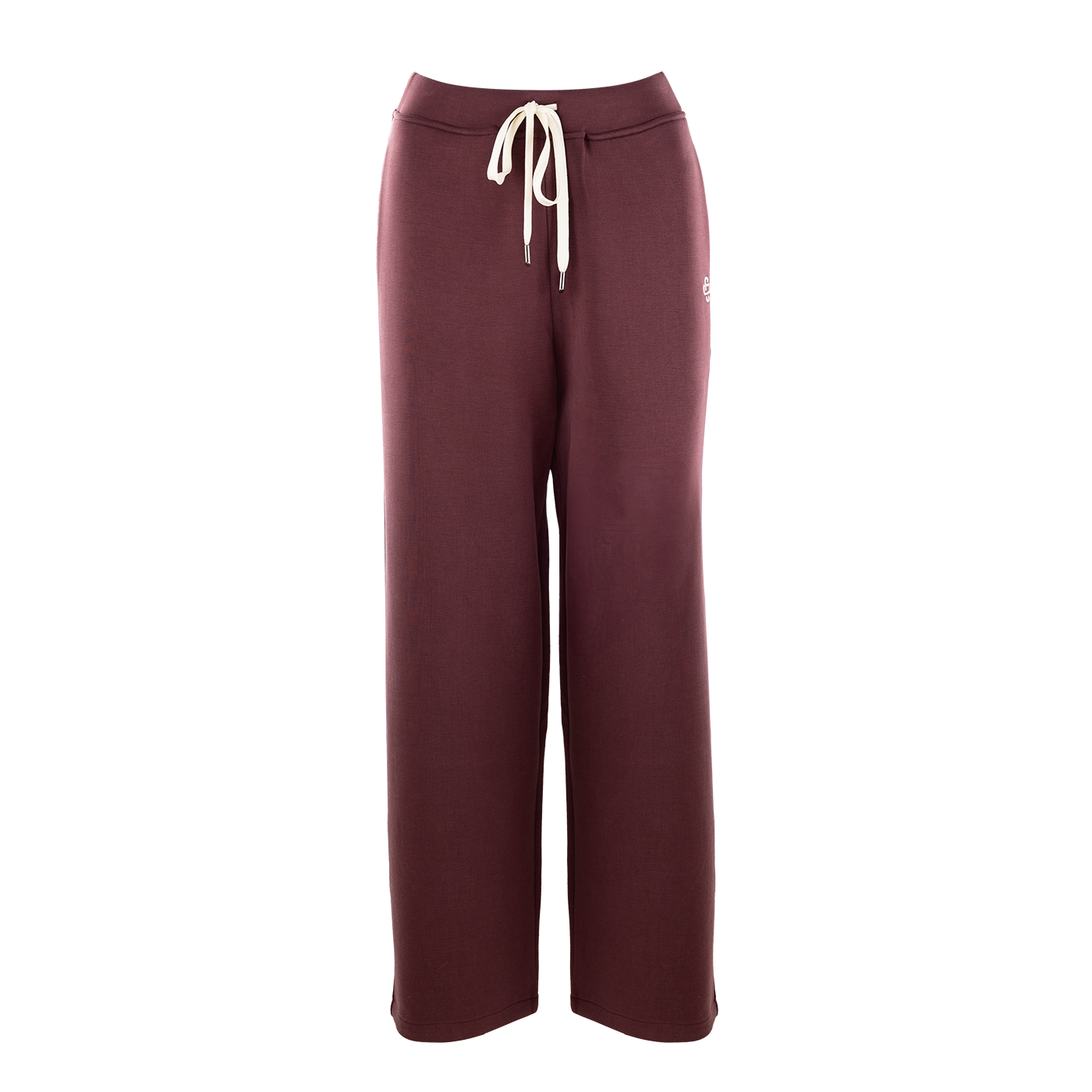 Maroon sweatpants with off-white drawstring.