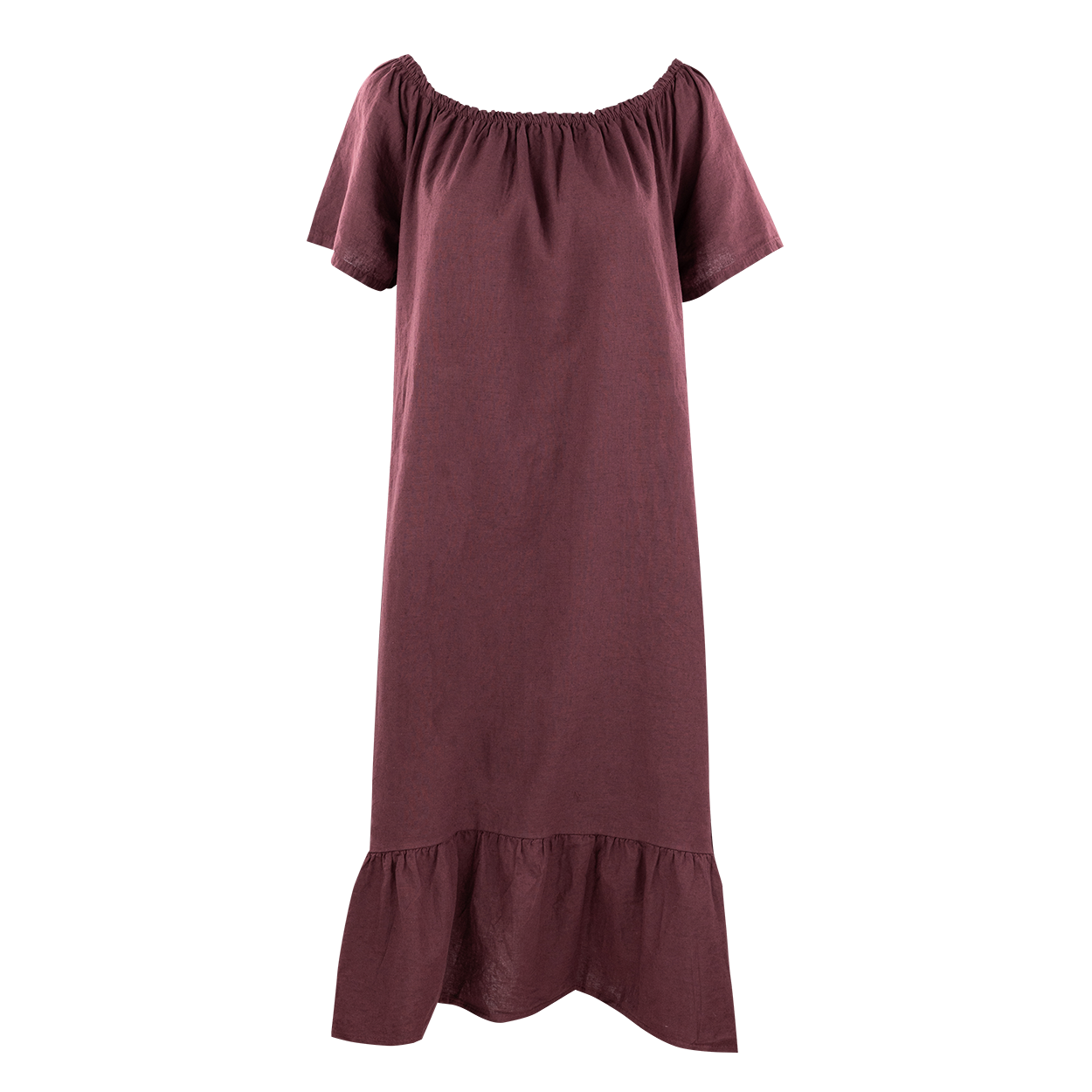 Maroon relaxed dress with ruffled bottom.