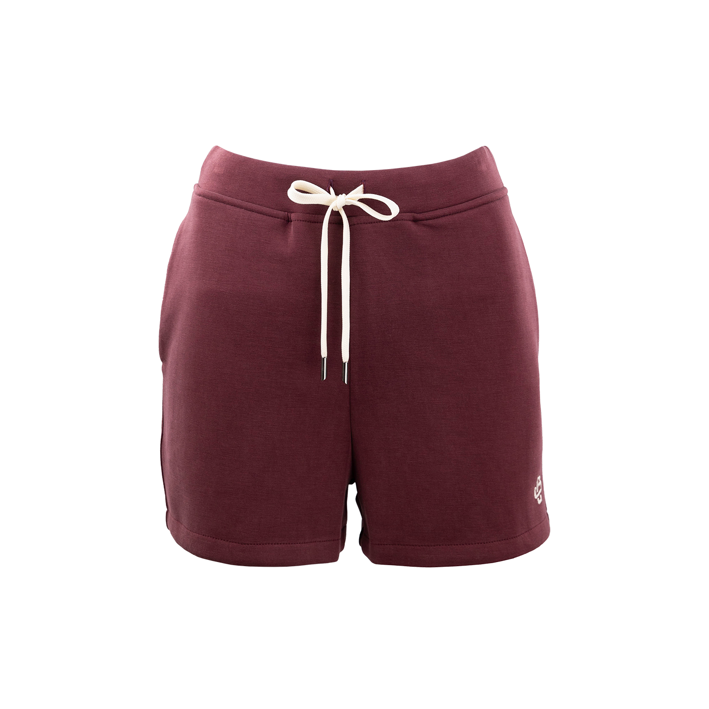 Maroon shorts with drawstring.