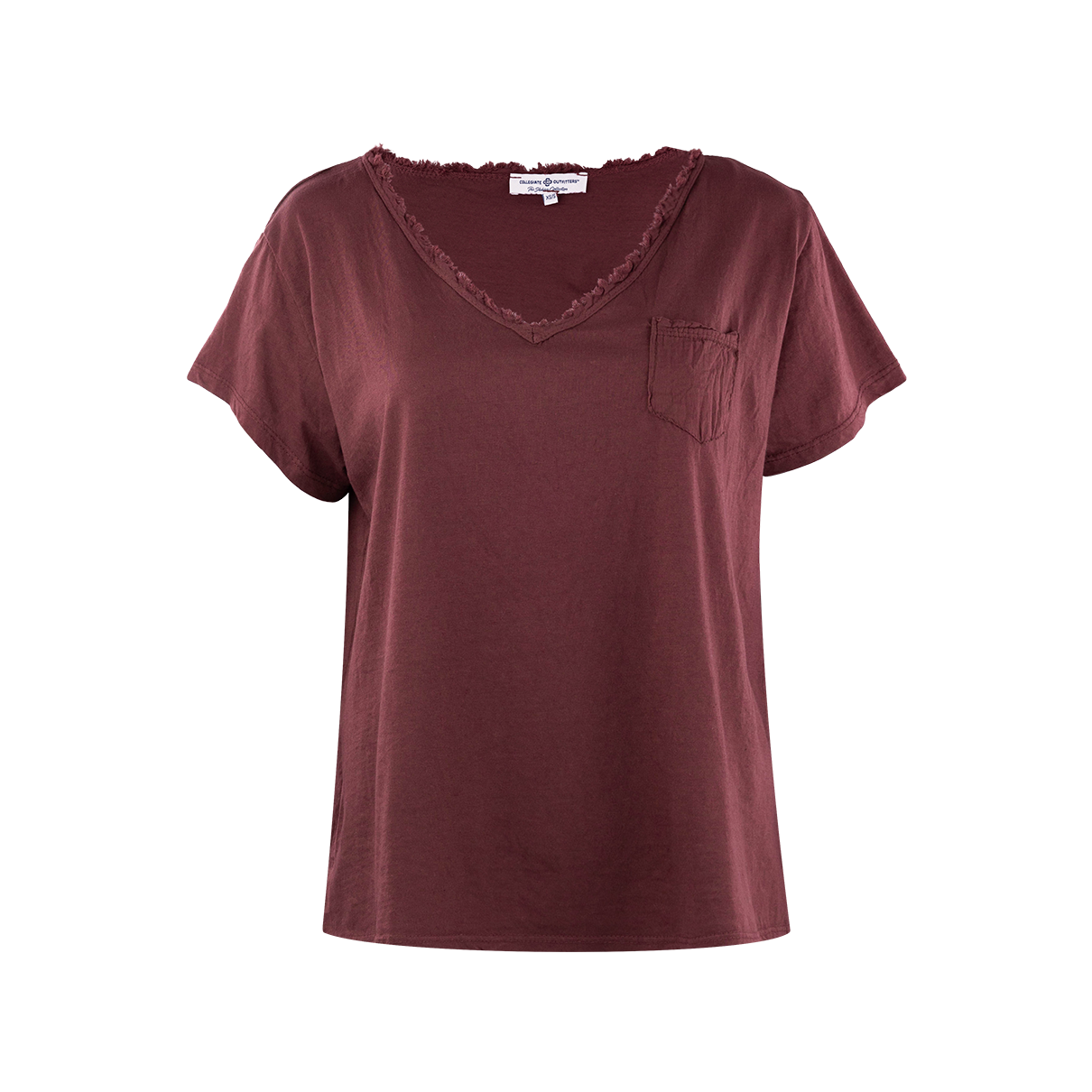 Maroon V-neck frayed top with pocket on the left side of the chest.